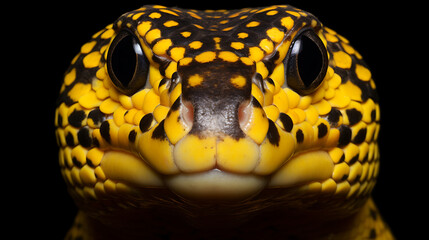 Fototapeta premium A close-up of a yellow and black snake with a black background, showcasing its intricate scales and piercing gaze. 