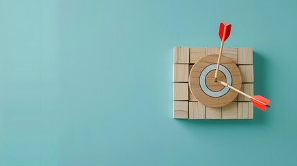 Wooden blocks with a target and arrow on a light blue background, symbolizing goal achievement and strategic planning in business. Flat lay. High quality, no realistic photo details.