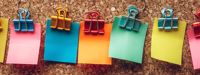 Colorful blank notes on corkboard, perfect for planning, organizing, and reminding, with a rustic and vintage style. 
