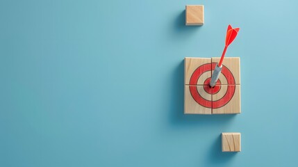Wooden blocks with a target and arrow on a light blue background, symbolizing goal achievement and strategic planning in business. Flat lay. High quality, no realistic photo details.