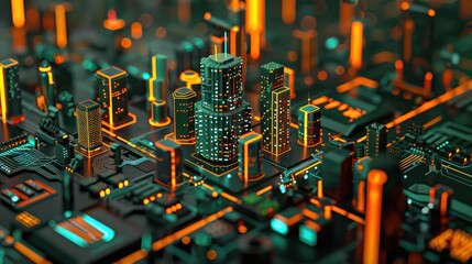 Futuristic Cityscape on Circuit Board. Digital City Concept