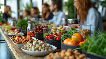 Fototapeta premium A telephoto angle photo of employees having a meeting in a modern office, with healthy snacks like fruits and nuts on the table, highlighting the balance of work and nutrition, env