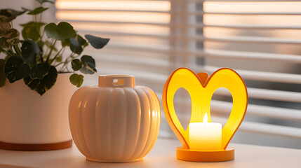 White pot, green plant, yellow heart candle holder, warm light, cozy home decor, romantic atmosphere, perfect for Valentine's Day. 
