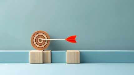 Wooden blocks with a target and arrow on a light blue background, symbolizing goal achievement and strategic planning in business. Flat lay. High quality, no realistic photo details.