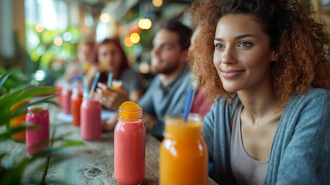 A telephoto angle photo of colleagues taking a break in a bright office lounge, enjoying smoothies and discussing projects, showcasing a balanced lifestyle, environmental scientist