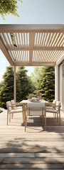 Fototapeta premium Modern wooden patio furniture, green trees, and light wood, showcasing a tranquil outdoor dining experience. 