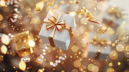 3d rendering of flying gift boxes with white and golden ribbons on blurred background with bokeh lights, confetti and glitter