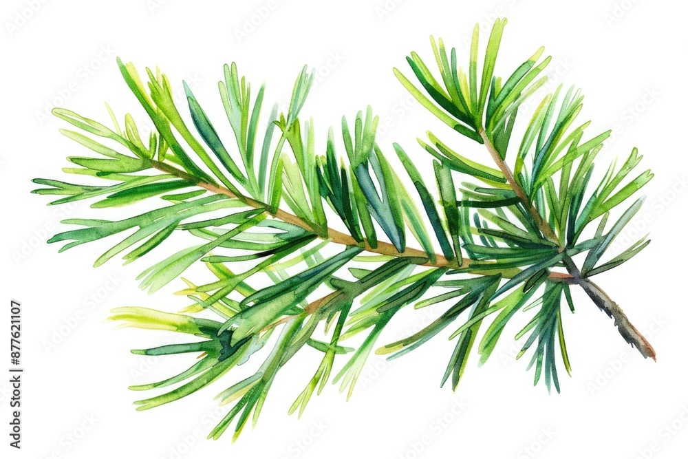 Poster a delicate watercolor depiction of a pine tree branch with intricate details