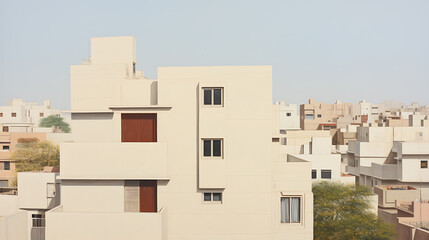 Minimalist architecture, beige, brown, green, a modern city skyline, conveying a sense of peace and tranquility. 
