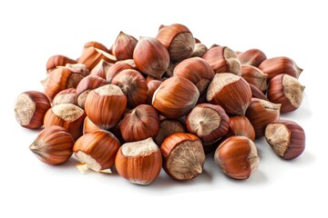 Fototapeta premium A collection of hazelnuts arranged on a clean white surface