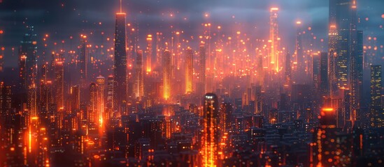 Futuristic Cityscape at Night with Neon Lights, Digital art illustration of a vibrant metropolis bathed in warm, glowing light. Concept of future, technology, and urban life