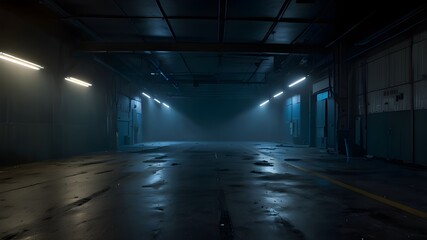 A dark, empty roadway, neon lights, spotlights, a deep blue background, and a dimly lighted, empty landscape The studio area features an asphalt floor, interior texturing, and smoke rising.