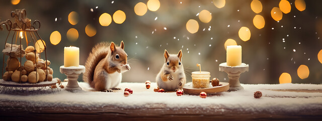 Two adorable squirrels enjoying a cozy winter scene with warm candlelight and a snowy backdrop. 