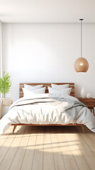 Minimalist bedroom interior design with white bedding, wooden accents and natural light, showcasing a serene and inviting atmosphere. 