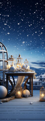 Golden lanterns and white snowballs on a snowy wooden balcony with a blue starry night sky,  evoking a cozy and magical winter wonderland atmosphere. 