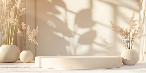 Minimalist beige and white product display with dried flowers, perfect for showcasing beauty and lifestyle products. 