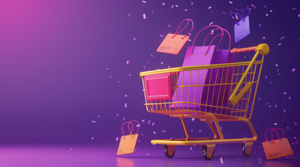 A 3D shopping cart adorned with price tags, illustrating concepts related to online shopping and digital marketing. The basket features promotional labels against a purple background,