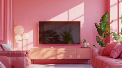 Pink living room with a TV, sofa, and plant, perfect for a modern minimalist home design. 