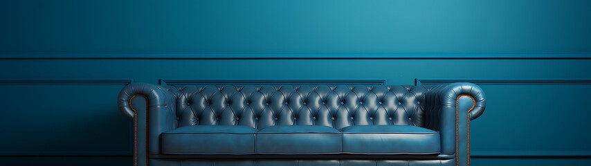 A blue leather chesterfield sofa against a teal wall, with gold accents, evokes luxury and sophistication for interior design projects. 