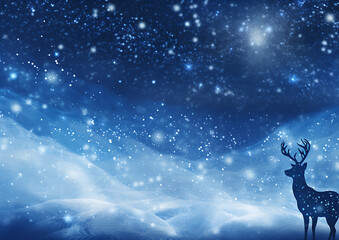 Silhouette of a deer in a snowy landscape with blue, white and black colors, a magical winter scene, perfect for holiday designs. 