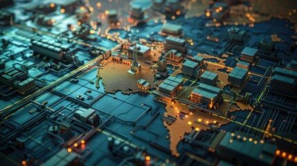 A nighttime view of a city with its buildings and streets lit up