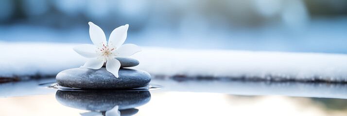 White flower, grey stones, blue water, zen, peace, tranquility, spring. 