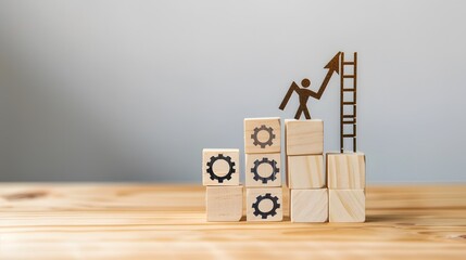 Wooden blocks with an upward arrow and growth chart, a gears icon on a white background. A businessman climbing a ladder to the top, symbolizing success. A line graph showing a growing target for