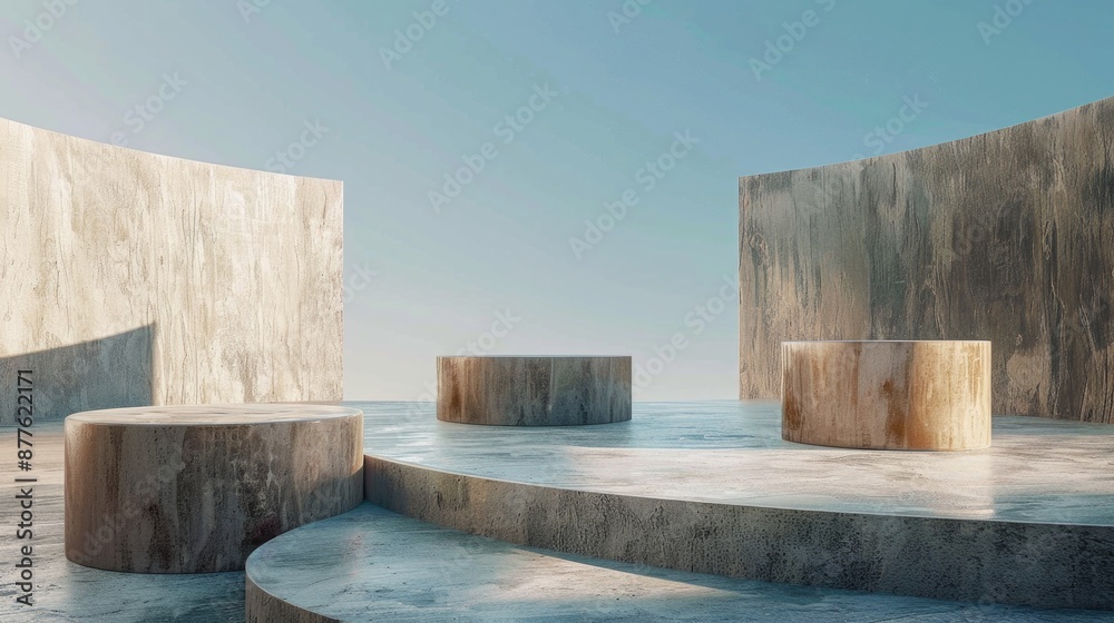 Poster group of concrete pillars standing on a cement floor, ideal for use in architecture, engineering or 