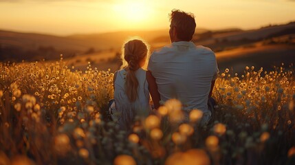 A family sitting together in a field of wildflowers and enjoying the warm light of the setting sun.