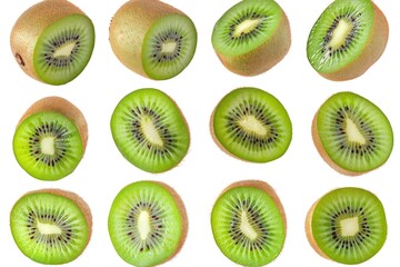 Fototapeta premium Fresh kiwi halves arranged on a clean white surface, ideal for food photography and recipes