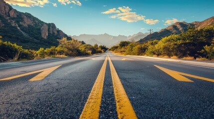 Open Road Leading to Mountains. Scenic Highway Drive at Sunset