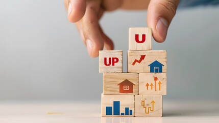 Wooden blocks arranged to show an upward trend in home prices and interest rates. A hand holding wooden cubes with the symbols of flags and a red arrow up sign on each cube. The background is grayish