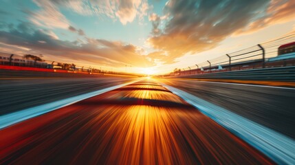 Speeding race car on a track towards a sunset, motorsport, racing, and competition concept