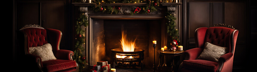 Red velvet armchairs and a roaring fireplace in a dark room, a cozy Christmas scene. 
