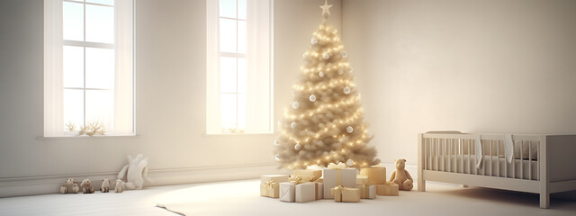 A white Christmas tree and a white crib with golden lights and presents in a minimalist nursery.