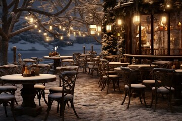 Magical snow-covered cafe setting with warm lights and serene winter ambiance