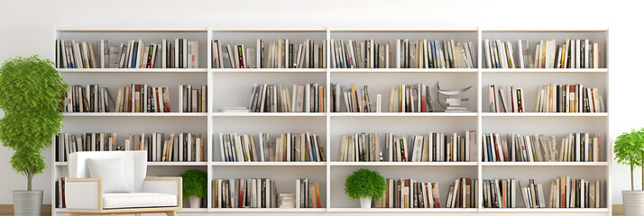White bookshelf filled with colorful books, a white armchair, and green plants, creating a cozy and inviting atmosphere for reading and relaxation.
