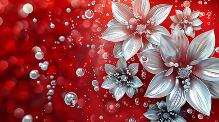 Silver flowers on red bokeh background, romantic and elegant, perfect for Valentine's Day or wedding invitations. 
