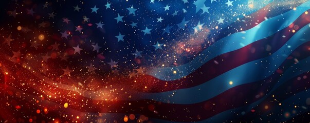 Celebratory backdrop of American flag with starry night and festive lights