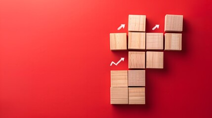 Wooden blocks with a declining graph and arrow down on a red background, representing market analytics for economic downturn. Flat lay. High quality, no realistic photo details.