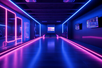 Futuristic gym interior with pink and blue neon lights, ideal for modern fitness and wellness concepts. 
