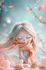 Fototapeta premium An artful depiction shows a girl with long hair and a yellow scarf in a field with leafless trees under a blue sky.