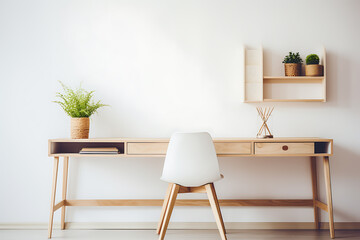 A light-wood desk and chair in a minimalist workspace.
