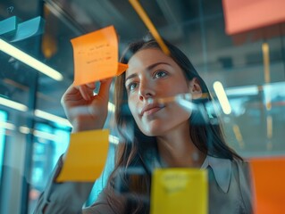 A woman holds a post-it note in front of a window, possibly jotting down notes or reminders