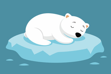  A cute little polar bear cub sleeps on an ice floe in the ocean, vector illustration