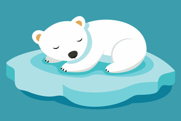  A cute little polar bear cub sleeps on an ice floe in the ocean, vector illustration