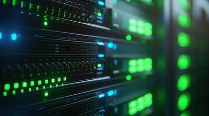 Fototapeta premium close up of green bokeh light data center storage room full of supercomputers, server racks and cloud computing technologies