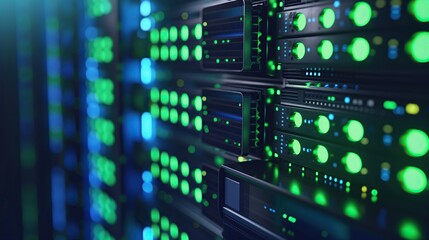 Fototapeta premium close up of green bokeh light data center storage room full of supercomputers, server racks and cloud computing technologies