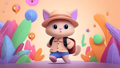 Naklejka premium Explorer cartoon cat wearing a hat