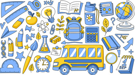 School elements collection, stationery, backpack, school bus, calculator and more. Vector doodle collection, white background.